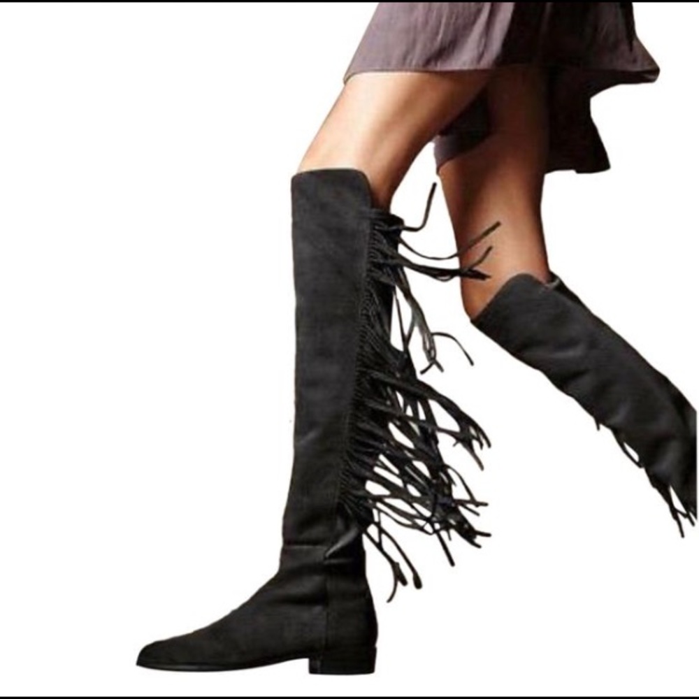 Stuart Weitzman Black Suede Fringe Mane Boots 39.5